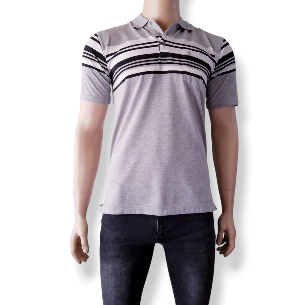 Gray, Black & White Striped Paneled Classic Polo Shirt by Lada